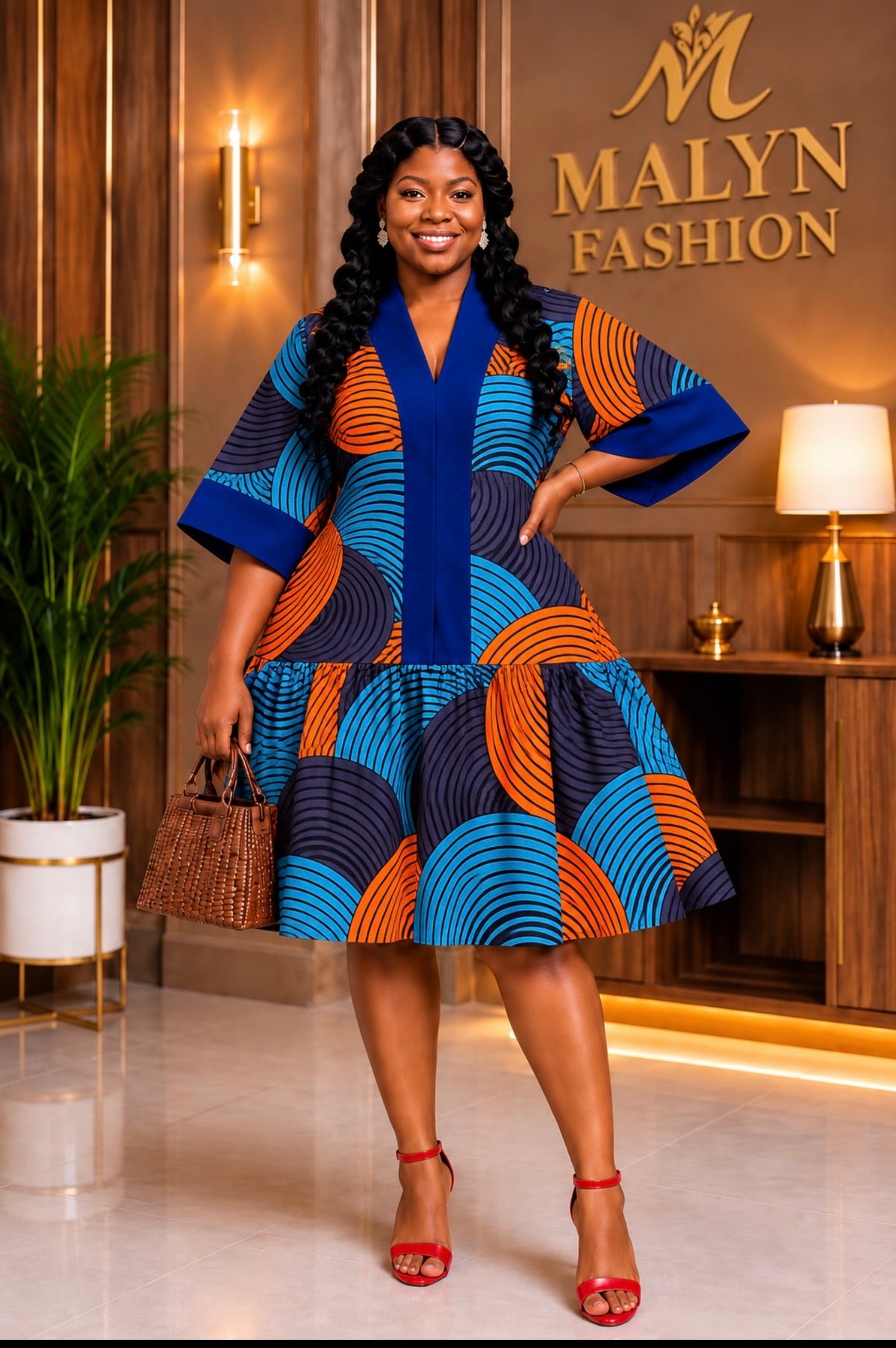 Adom Blue & Orange African Print Flare Dress