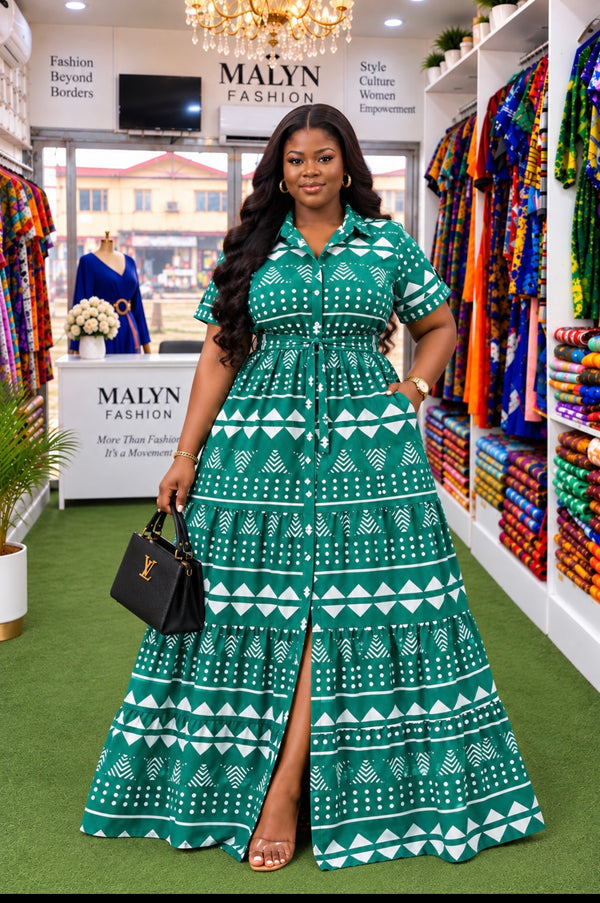 Emerald Elegance African Print Maxi Shirt Dress