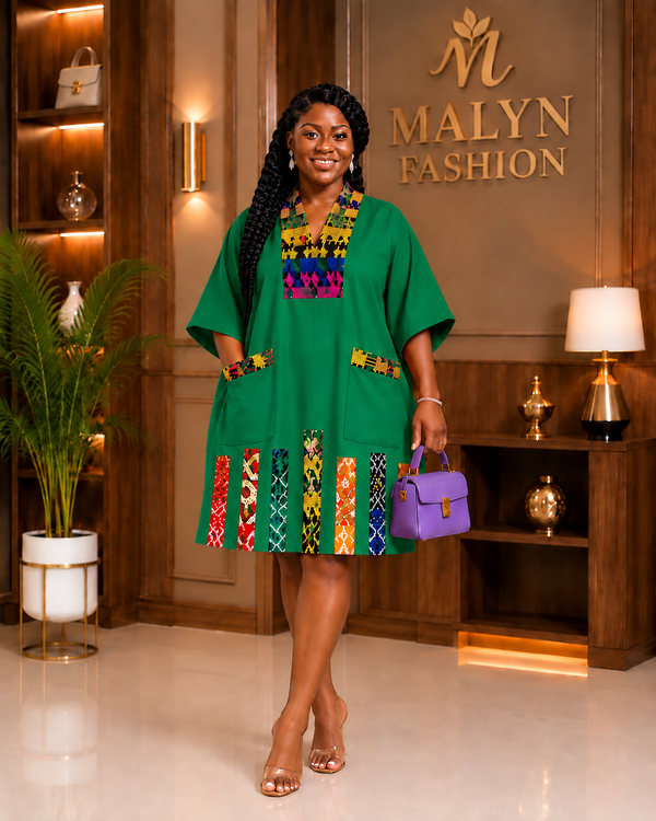 Emerald Green African Print Shift Dress with Pockets – Malyn Fashion