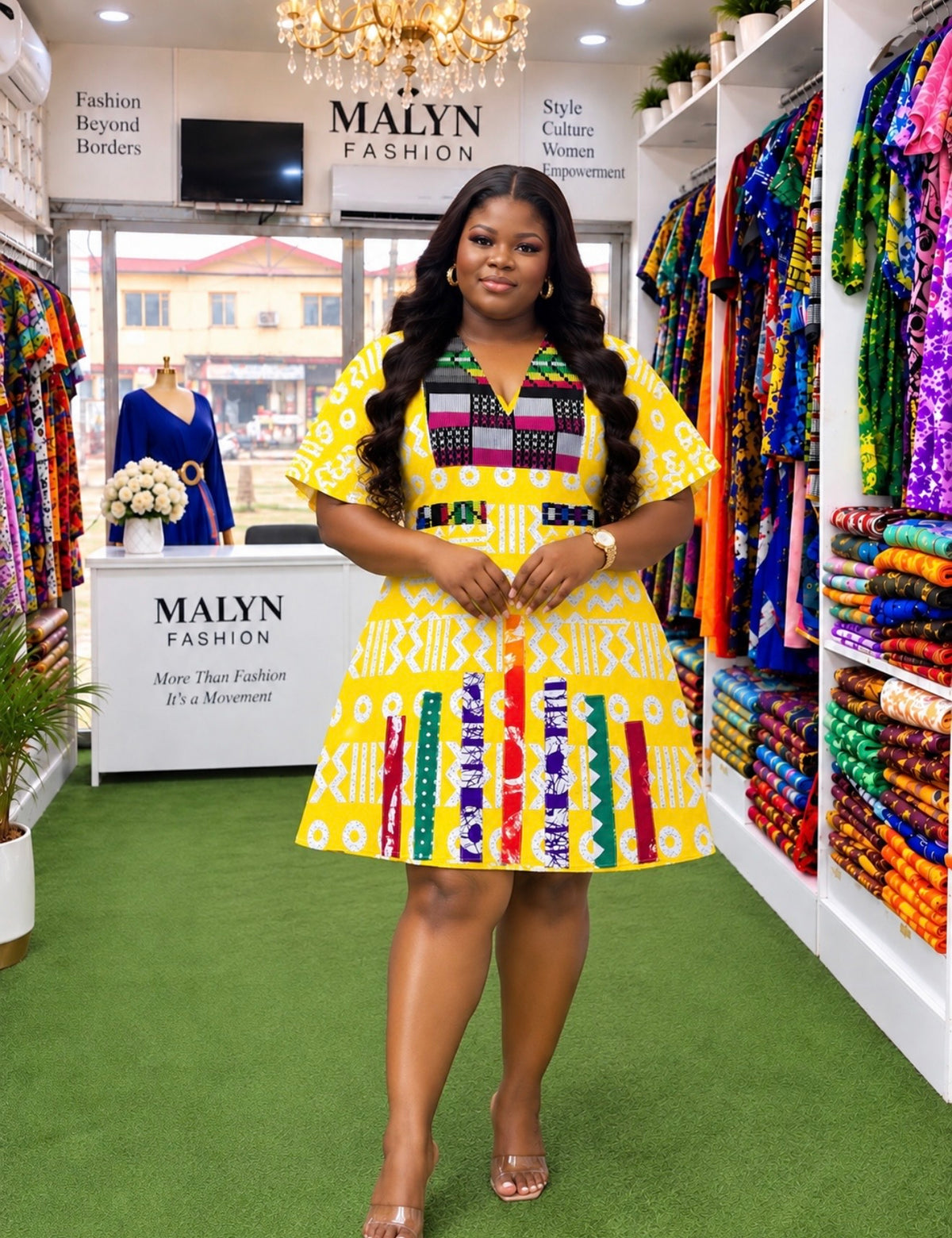 Afia Yellow Multicolor African Print Flare Dress