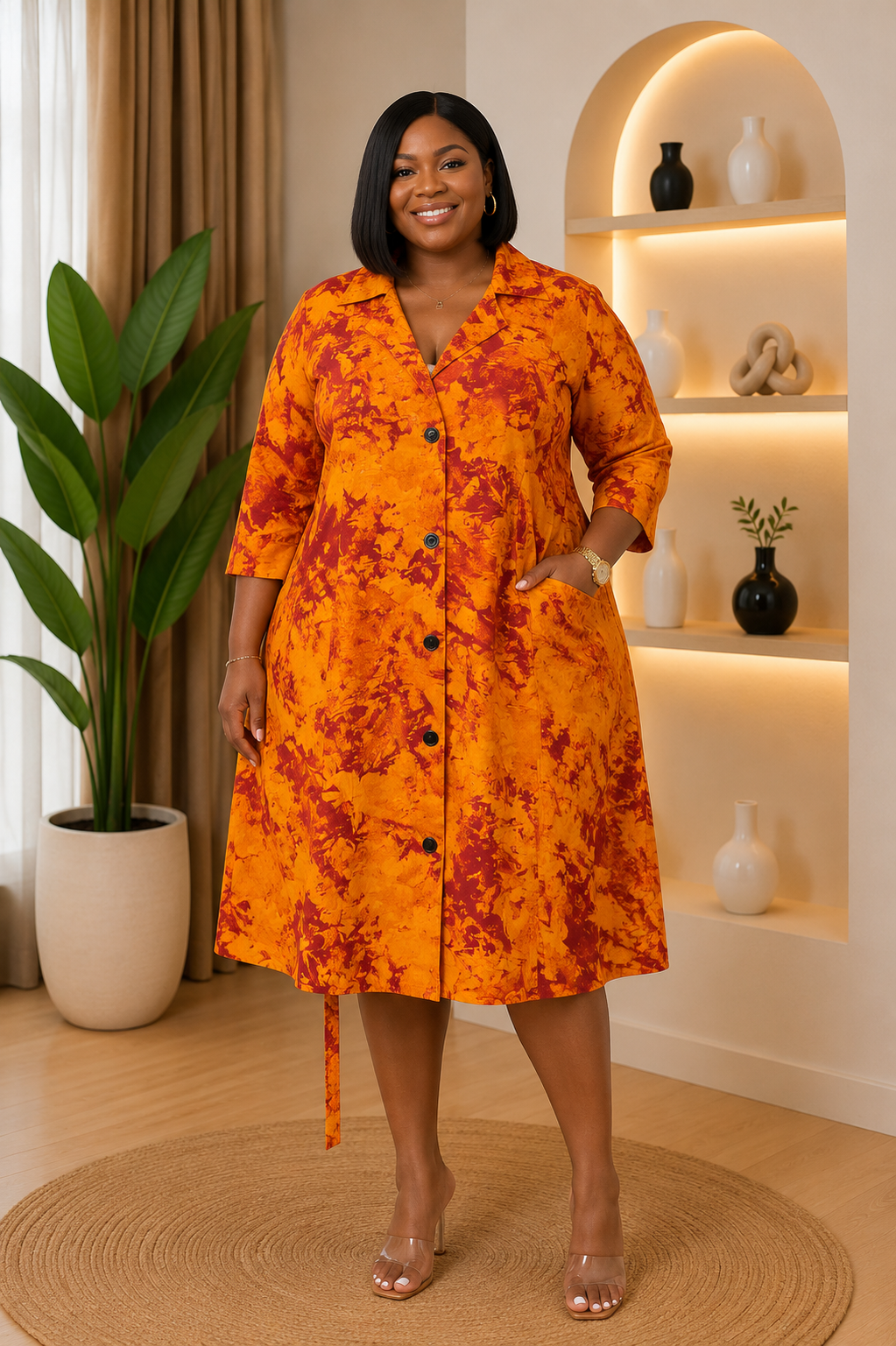 African Print Button Front Midi Dress