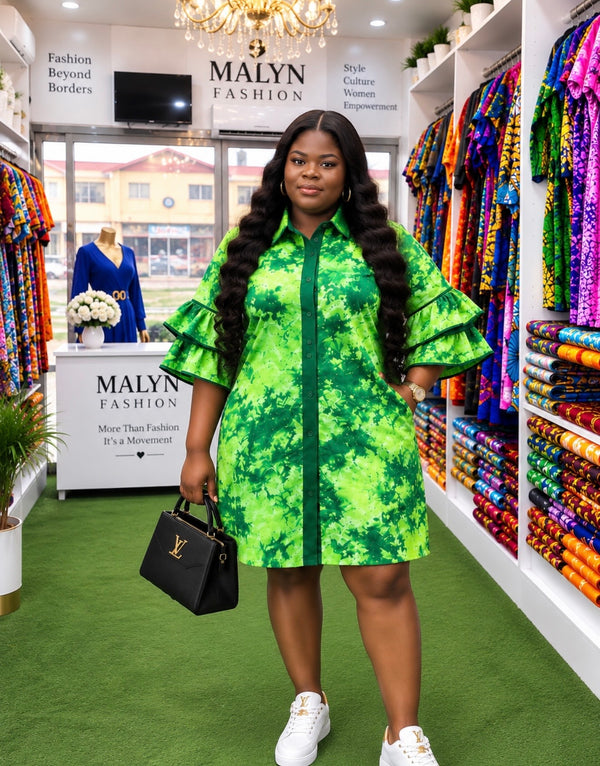 Green Tie-Dye Flare Sleeve Shirt Dress – Malynfashion